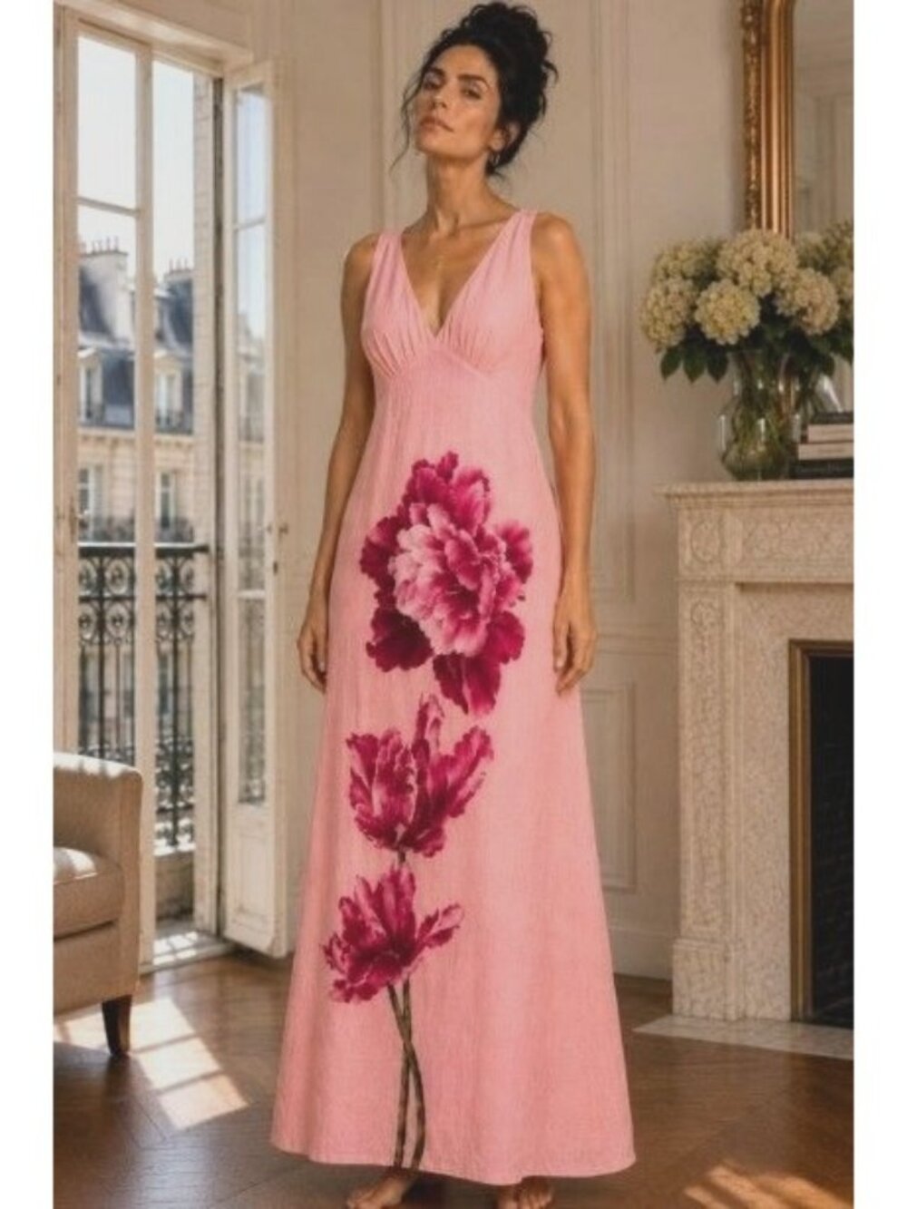 Paper Heart Linen Blend Maxi Dress Floral Boho Resort Cottagecore Romantic